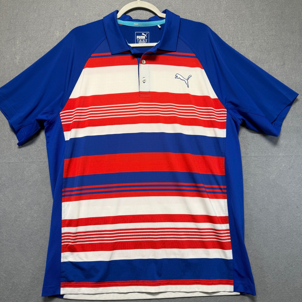 Puma Mens Golf Polo Shirt Red White Blue Stripe PWRCOOL Short Sleeve Size XL